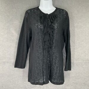 LRL Ralph Lauren Black Lace Ruffle Front Long Sleeve‎ Button Up Top Womens Sz L